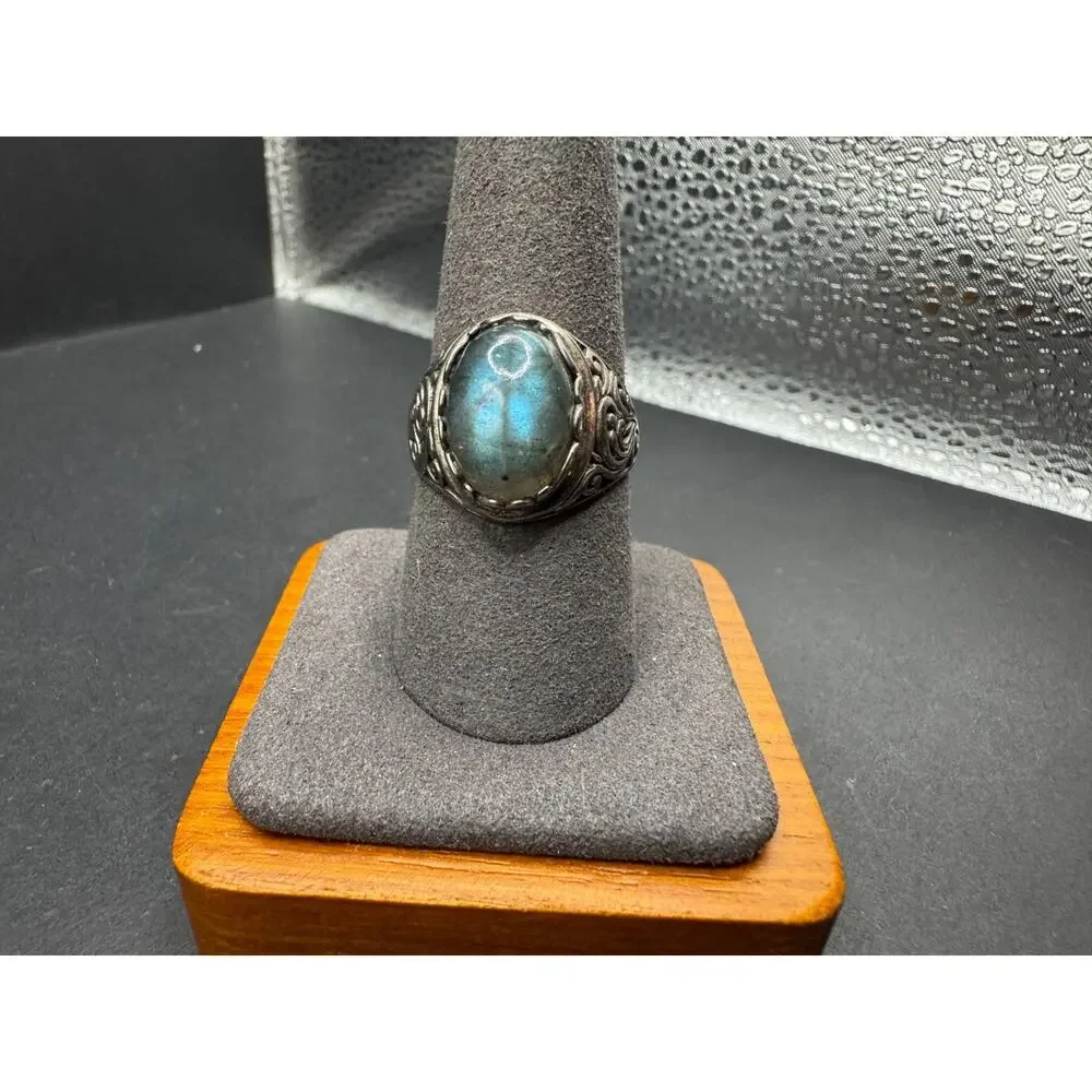 Vintage 925 Sterling Silver Signed Labradorite Statement Filigree Ring Sz 9